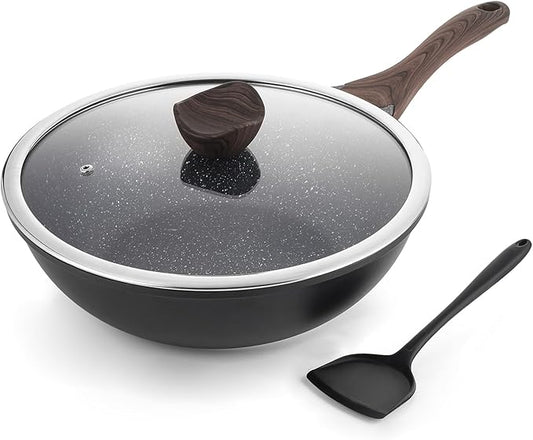 Kordisen Nonstick Wok with Lid, 12 Inch Woks & Stir-fry Pans, Granite Stone Coating for Cooking, Induction Cookware, Compatible with All Stovetops, PFOA Free