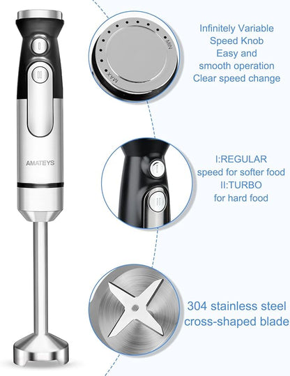 Handblender with Plug,Immersion Blender Handheld, Heavy-Duty Copper Motor, Detachable Stainless Blade Dishwasher Safe, 2 Modes with Pulse,Infinitely Variable Speed, Space-Saving Design