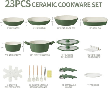 23pcs Ceramic Pots and Pans Set, Nonstick Detachable Handle Cookware, Induction Kitchen Cooking Set with Removable Handle,include Frying Pans & Saucepans Oven Safe(Green)