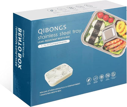 QIBONGS-Stainless Steel Tray Bento Lunch Box with Sauce Cup Drop-Proof, Leak-Proof 4 Compartments Container for Work, Travel, Dishwasher Safe, Made with Food-Safe Materials (Pink)
