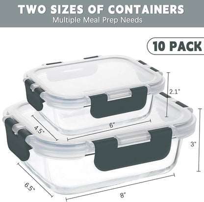 KAMOTA Glass Food Storage Containers, 10 Pack Glass Meal Prep Containers, Airtight Containers with Snap-Lock Lids, 34 oz and 13 oz gray Container Set with Lids, for Microwave/Oven/Freezer/Dishwasher