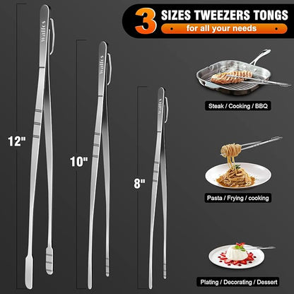WALFOS Tweezer Tongs for Cooking, Kitchen Tweezers Stainless Steel Pasta Tweezers Tongs for Cooking, Roasting, Grabbing Small Objects, Dessert, BBQ, Spaghetti 3 Pcs (8+10+12-Inch)