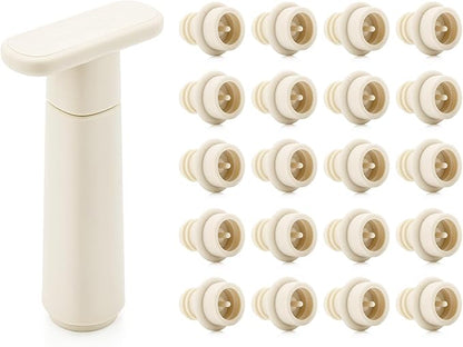 WOTOR Wine Saver Vacuum Pump with 20 Stoppers, Wine Stopper & Preserver, Reusable Bottle Sealer Keeps Fresh, Ideal Accessories Gift, Flat Handle (Cream)