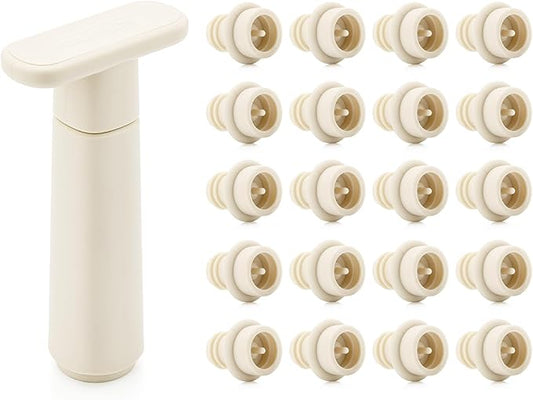 WOTOR Wine Saver Vacuum Pump with 20 Stoppers, Wine Stopper & Preserver, Reusable Bottle Sealer Keeps Fresh, Ideal Accessories Gift, Flat Handle (Cream)