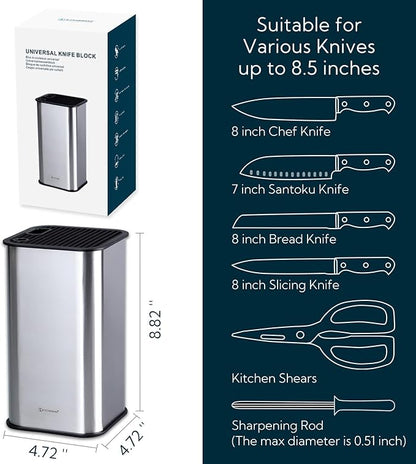 KITCHENDAO XL Stainless Steel Universal Knife Block Holder Without Knives, with Slots for Scissors and Sharpening Rod, Detachable for Easy Cleaning, Slotless Knife Holder Storage for Kitchen Counter