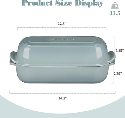 Enameled Cast Iron Loaf Pan with Lid, Dutch Oven Bread pan for Homemade Sourdough Bread Baking, 12.5x5.5 inch, 5qt, Seasalt