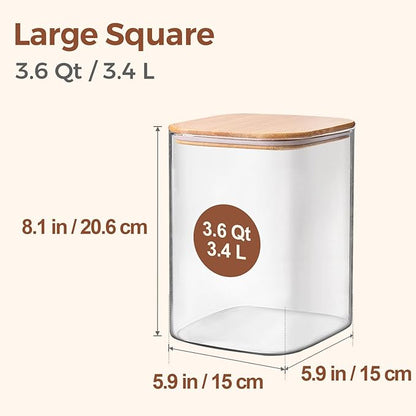 ComSaf 3.6Qt Glass Food Storage Containers, Cereal Storage Containers with Airtight Lids, Large Square Glass Jars with Bamboo Lids, for Rice, Pasta, Oats, Grains, Coffee Beans