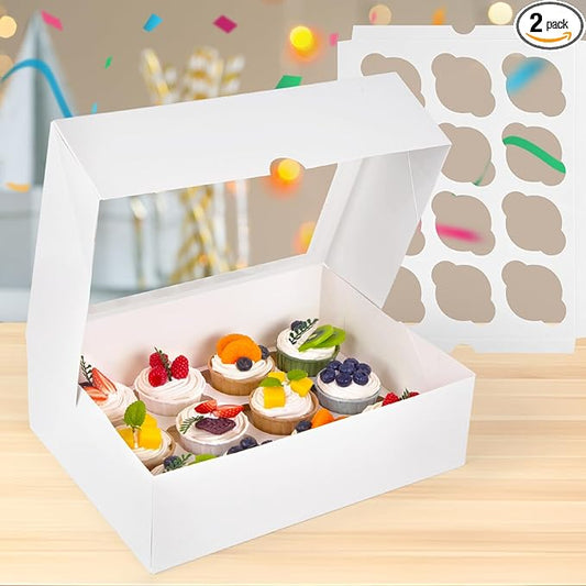 VGOODALL 2PCS White Cupcake Container, 12 Count with Window Boxes Holding 24 Pastry Box for Birthday Holiday Party Bakery Supplies