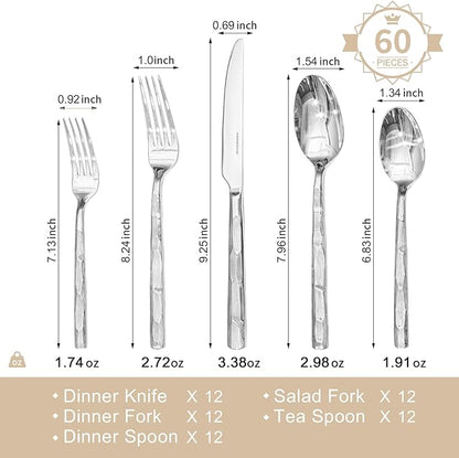 KINGSTONE Silverware Set, 60-Piece 18/10 Stainless Steel Brushed Handle Flatware Cutlery Set, for Kitchen, Home, Party, Wedding Gift, Rust Resistant and Dishwasher Safe