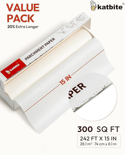 Katbite 15in x 242ft, 300 Sq.Ft Value Pack Parchment Paper Roll for Baking, Parchment Baking Paper with Serrated Cutter, Heavy Duty & Value Pack Roll for Cooking, Air Fryer, Steaming, Bread
