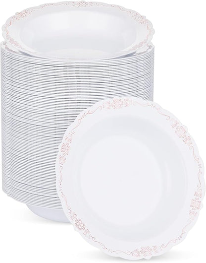 100 Pack White Plastic Bowls with Rose Gold Rim, 12oz Plastic Dessert Bowl, Bowls Disposable Heavy Duty for Hot Soup, Dessert, Salad, Cake, Ice Cream, Fruit
