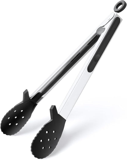 12 Inch Kitchen Tongs for Cooking, 600ºF Heat Resistant Silicone Cooking Tongs with Silicone Tip & Integrated Tool Rests for Tossing Salad, Serving Food, Grilling, Non-Stick & Dishwasher Safe (Black)