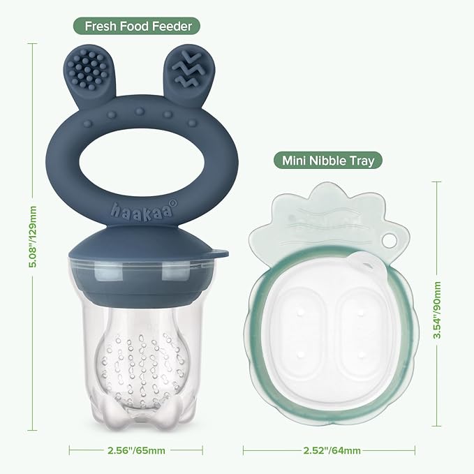 Haakaa Baby Fruit Food Feeder & Mini Freezer Nibble Tray Combo, Breastmilk Popsicle Molds for Baby Cooling Relief, BPA Free Silicone Feeder for Safe Infant Self Feeding, 4 Month+ (Steel Blue)