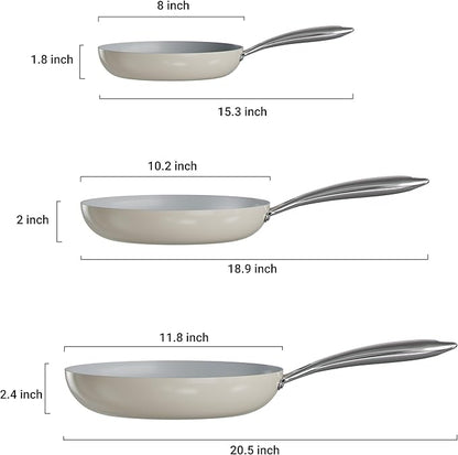 Verel Ceramic Nonstick Frying Pan Set 3 Piece - 8, 10 and 12 Inch Non Stick Fry Skillet Pans, Non Toxic, Dishwasher and Oven Safe