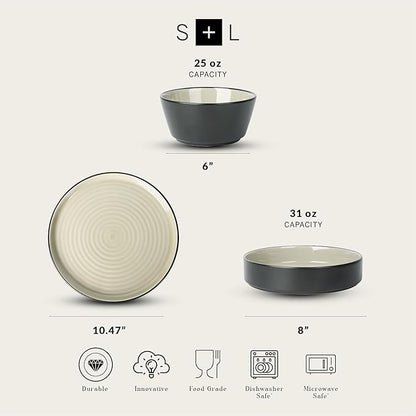 Stone Lain Elica Stoneware 12-Piece Dinnerware, Plates and Bowls Sets, Service for 4, Beige and Black, Modern Dishware, Microwave & Dishwasher Safe