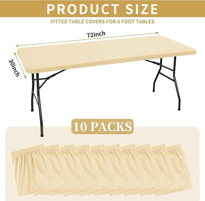 10 Pack Fitted Tablecloth for 6 Foot Rectangle Tables, Beige Elastic Outdoor Picnic Table Cover, Washable Stretch Folding Table Cloths 6 ft for Camping Party Patio Kitchen Banquet, 30" W x 72" L