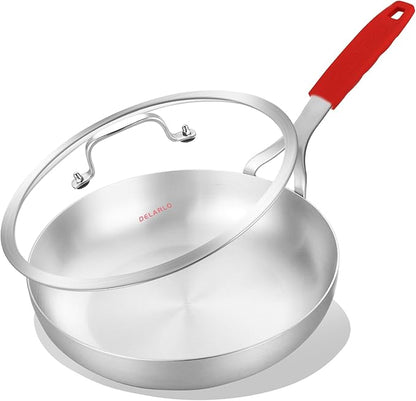 DELARLO Whole Body Tri-Ply Stainless Steel 12 Inch Frying Pan With Lid, kitchen large Skillet Suitable for All Stove Up to 600℉, 18/10 Cookware