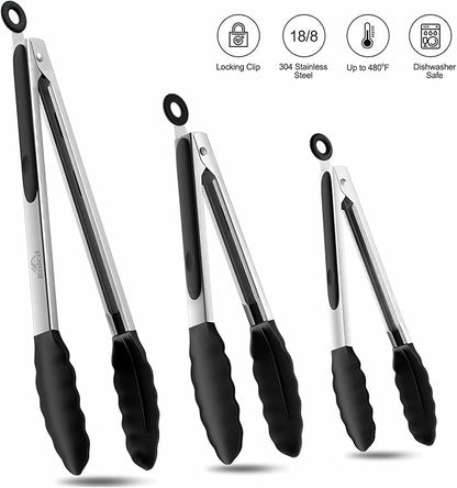 600ºF Heat Resistant Kitchen Tongs, Premium Locking Cooking Tongs with Silicone Tips, Non-Slip Food Tongs for Cooking, Non-Stick, Heavy Duty Stainless Steel Handle, Set of 3-7" 9" and 12" Black