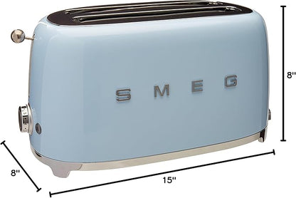 Smeg 50's Style Retro Aesthetic 4 Slice Toaster 6 Presets with 2 Extra Wide Slots, Pastel Blue