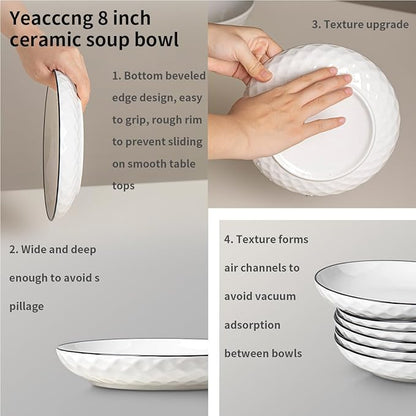 Yeacccng Pasta Bowls Set of 6, White Cereal Bowls Set of 6, 24oz Ceramic Salad Bowls, Lead-Free, 8 Inch White Serving Bowl for Pasta, Salad, Oatmeal, Fruit, Chicken, Dishwasher & Microwave Safe