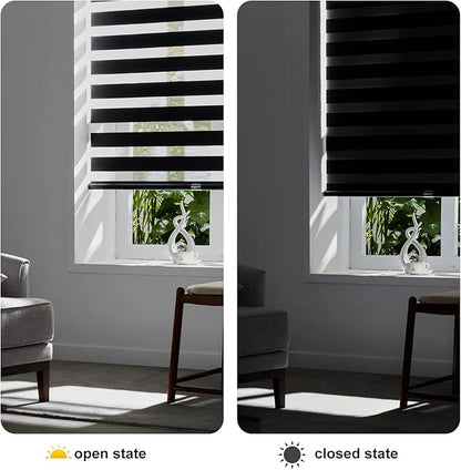 Persilux Cordless Zebra Blinds for Windows (35" W X 47" H, Black) Free-Stop Dual Layer Roller Windows Shades for Day and Night, Light Filtering Sheer Shades for Home, Easy to Install