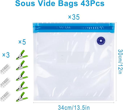 Reusable Sous Vide Bags 43Pcs BPA-Free, 4.3L Vacuum Sealer Bags for Cooking & Microwave, 35 Zipper Bags, 3 Seal Clips ＆ 5 Cooking Clips, Heat-Resistant & Leakproof (12x13.5in)