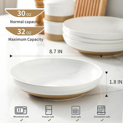 Hasense Ceramic Pasta Bowls, 32 Ounce Serving Bowls for Kitchen, 8.7 Inch White Bowls Set for Furit, Salad, Pasta - Shallow Soup Bowls Set of 2, Dishwasher & Microwave Safe