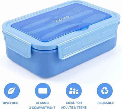 Caperci Classic Bento Lunch Box for Adult & Older Kids - Leakpoof 47 oz 3-Compartment Lunch Containers for Adults and Teens, Built-in Utensil Set, Ideal for On-the-Go, Blue