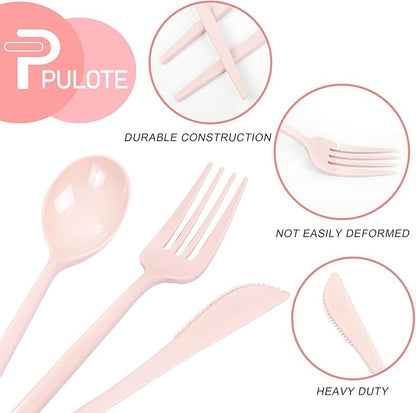 PULOTE 150PCS Pink Plastic Silverware - Plastic Cutlery Heavy Duty - Pink Utensils Set Disposable Include 50 Forks, 50 Spoons, 50 Knives for Wedding, Party & Mother’s Day