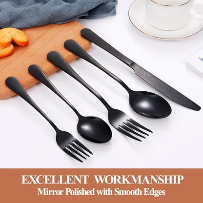 Lazycorner 50 Pcs Black Silverware Set for 10, Mirror Polished Flatware Set Stainless Steel Fork Knife Spoon, Food Grade Eating Utensils Sets, Reusable Silverwear Cutlery Set, Dishwasher Safe