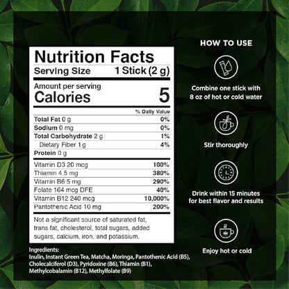 VitaCup Green Tea Instant Packets, Enhance Energy & Detox with Matcha, Moringa, B Vitamins, D3, Fiber, Keto, Paleo, Vegan in Tea Powder Single Serving Sticks, 10 Ct