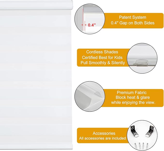 Persilux Cordless Zebra Blinds for Windows Free-Stop Window Shades (33" W X 64" H, White) Dual Layer Light Control for Day and Night, Light Filtering Sheer Shades for Home, Bedroom, Easy to Install
