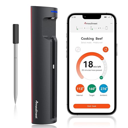 Pro Smart WiFi Wireless Meat Thermometer, Unlimited Range, Improved Stability, Ultra-Thin Probe, Bluetooth Digital Food Thermometer for Remote Monitoring of Oven/Kitchen/BBQ/Grill/Rotisserie