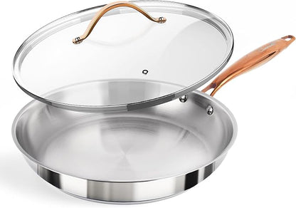 12 Inch Tri-Ply Stainless Steel Frying Pan with Lid, Professional Quality Skillet Suitable for All Stove, Oven and Dishwasher Safe, PFOA PTFE PFOS Free, Fast and Even Heating