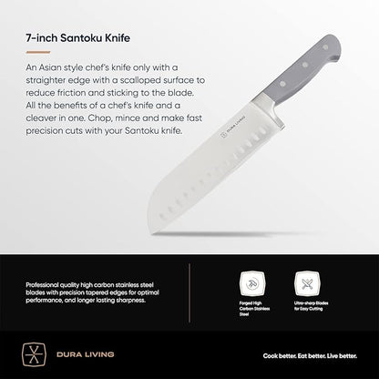 DURA LIVING Chef's Knife Set, 4 Piece Cutlery Knife Set, Superior Forged High Carbon Stainless Steel Ultra Sharp 8 Inch Chef, 7 Inch Santoku, 5 Inch Utility, 3.5 Inch Paring Knives, Grey