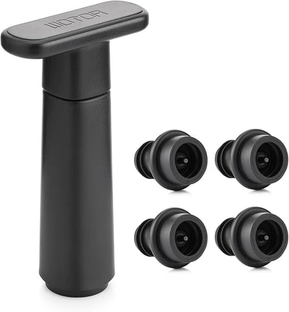 WOTOR Wine Saver Vacuum Pump with 4 Stoppers, Wine Stopper & Preserver, Reusable Bottle Sealer Keeps Fresh, Ideal Accessories Gift (Flat Handle)