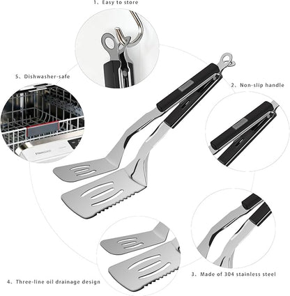 11.5-inch Stainless Steel Tongs for Cooking – Versatile Metal Spatula Tongs for Flipping, Picking Up, Cutting, and Stir-Frying Meats and Other Foods. Kitchen Tongs Durable and Multifunctional.(Black)