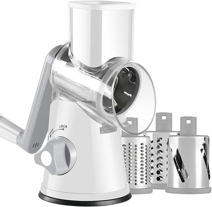Rotary Cheese Grater with Handle, Kitchen Speed Hand Crank Vegetable Slicer, Potato Hash Brown Shredder Spinning Nut Grinder with 3 Replaceable Stainless Steel Drum Blades (White)