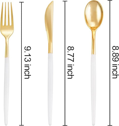I00000 300 Pcs Gold Plastic Silverware - Gold Disposable Silverware - Premium White Cutlery Set Include 100 Forks 100 Knives 100 Spoons,Plastic Cutlery Party Set for Party & Wedding