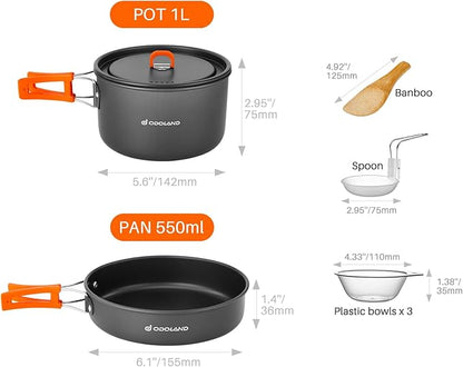 Odoland 9pcs Camping Cookware Non-Stick Lightweight Pots and Pans Set with Plastic Bowls Soup Spoon for Backpacking, Outdoor Cooking and Picnic