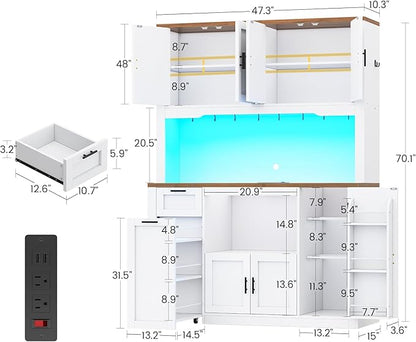 Itaar 71" Pantry Cabinet with Charging Station and LED Light, Kitchen Pantry Cabinet with Microwave Stand, 47.2" Wide Kitchen Storage Cabinets with Storage Cart 3 Tier for Dining Room, White