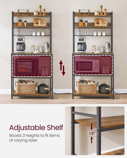 VASAGLE Hutch Bakers Rack with Power Outlet, 14 Hooks Microwave Stand, Adjustable Coffee Bar with Metal Wire Panel, Kitchen Storage Shelf, 15.7 x 31.5 x 66.9 Inches, Rustic Brown and Black UKKS025B01
