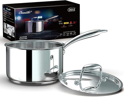3 Qt Saucepan with Lid - Upgraded Package - 3 Quart 18/10 Stainless Steel Sauce Pan with Mirror Polishing and 2 Sacles, Induction Cookware, Small Pot for Cooking, Dishwasher Safe Oven Safe