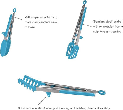 4 Pack Silicone Kitchen Cooking Tongs Set, Stainless Steel Nonstick Food Tong with BPA Free Silicone Tips for Serving Pasta Spaghetti Steak Pie Pizza Salad Vegetable Fruit Grilling BBQ Buffet 9" & 12"