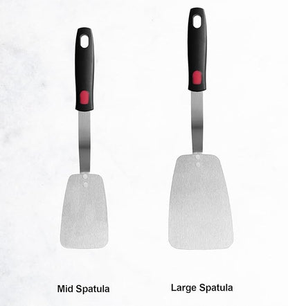 Stainless Steel Flexible Spatula Solid Turner, XiaoZu Thin Metal Spatula for Cast Iron Skillet, Thin Blade and Heat Resistant Silicone Handle, Great for Egg, Cookie, Meat, Crep, Medium + Large