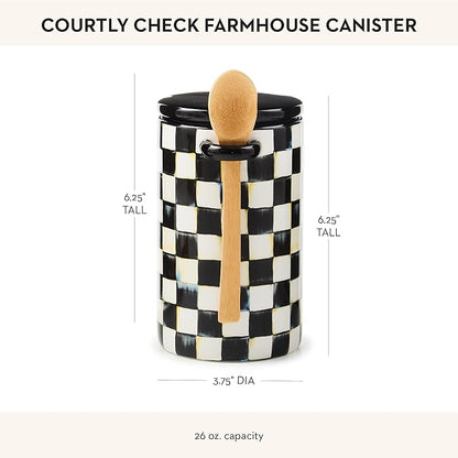 MACKENZIE-CHILDS Set of 1 Farmhouse Canister, Lidded Kitchen Canister with Spoon, Black-and-White Courtly Check