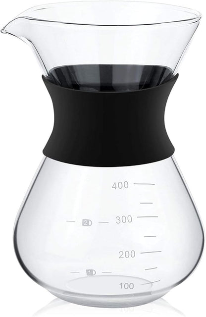 Joyzan Pour Over Coffee Maker, High-Heat Paperless Glass Drip Dripper Brewer Carafe with Reusable Stainless Steel Filter Scale Line Paperless Removable Portable Pot Set Clear Camping Hiking 400ML