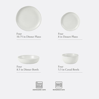 Gibson Elite Menlo Park 16-Piece Pottery Clay Stoneware Dinnerware Set – White Reactive Glaze, Embossed Plates and Bowls W/Pasta Bowl, Service for 4 – Microwave & Dishwasher Safe