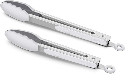 Premium Silicone Set of 2 Cooking Tongs, 9-Inch & 12-Inch BPA Free Non-Stick Stainless Steel BBQ Grilling Locking Food Tong, Light Grey