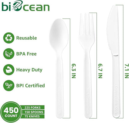 450 Counts Compostable Forks Spoons Knives Set Disposable Forks Utensils Heavy Duty Knives Silverware Eco Friendly Flatware for Party Camping Picnics White forks spoons and knives set